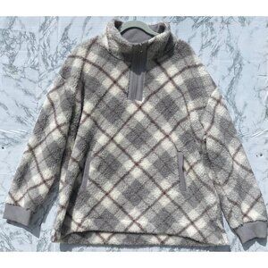 Maurices Womens XXL Plaid Fleece Pullover Sweater Gray White Quarter Zip